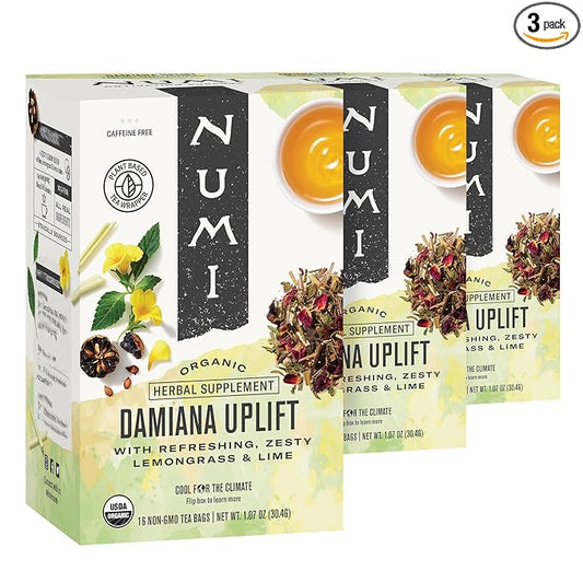 Numi Organic Damiana Uplift Tea with Lemon Balm & Lemongrass (Pack of 3), 16 Count Herbal Tea Bags