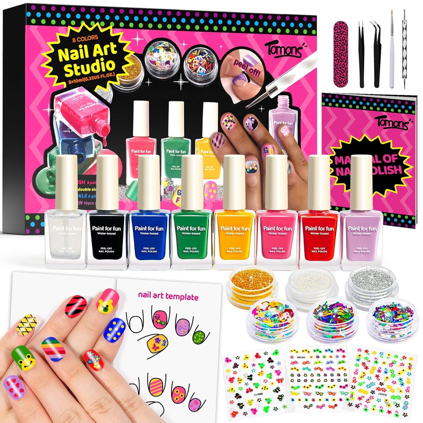 Tomons Nail Polish Set Non Toxic Kids Nail Polish Kit for Kids Ages 7-12, Birthday Gifts for 6 7 8 9 10 11 12 Year Girl, Glitter, Sequins, Stickers, Nail Art Kit Tools- 8 Colors