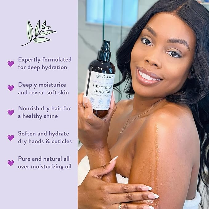 BARE BOTANICS 8 oz Moisturizing Unscented Body Oil - 100% Pure & Natural for Skin & Nails - Perfect for Moisturization - Vegan, Cruelty Free & Naturally Scented Hair Oil