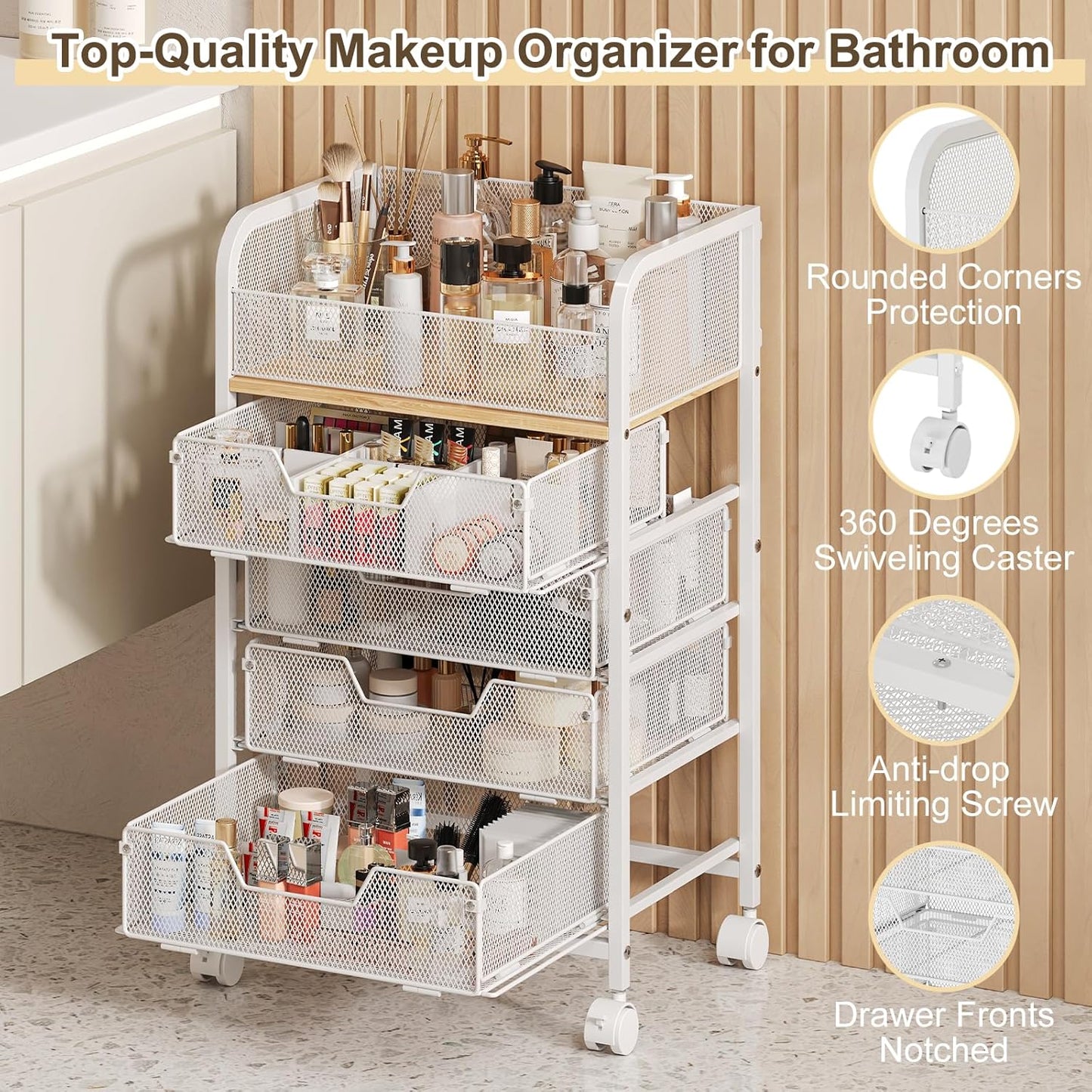 Makeup Cart Organizer with 4 Drawers, Large Floor Skincare Organizers, Vanity Storage Organizer Cosmetics Display Cases for Skin Care Perfume Nail Polish, White (Patent Pending)
