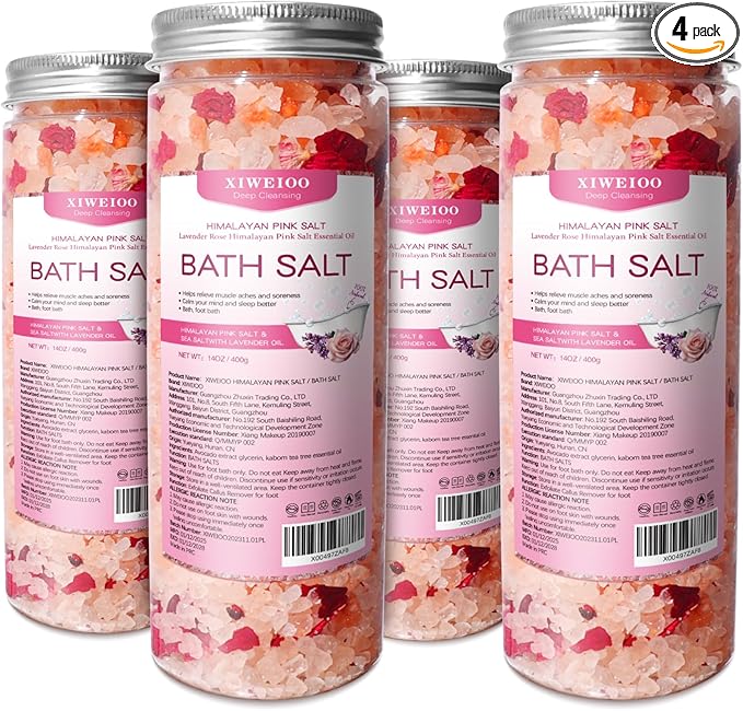 Bath Salts Set -56 oz, Pack of 4 Natural Epsom Salt for Soaking Rose Salts kit - Essential Oils Relaxes and Better Sleep Himalayan Pink Salt Foot Soak Tea Tree Oil for Women
