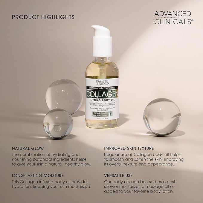 Advanced Clinicals Collagen Lifting Body Oil + Vitamin C Brightening Body Oil Moisturizer Skin Care Set - Nourishing, Brightening, & Firming Oil To Improve Look Of Sagging Skin, 2PC Bundle
