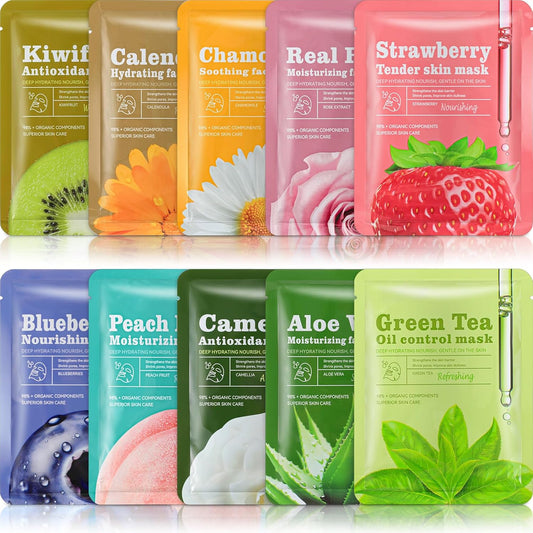 10 Pcs Sheet Face Masks Skincare for Most Skin Types, Combo Essence Hydraiting Facial Mask Set for Women Skin Care, Gifts Set for Home Spa