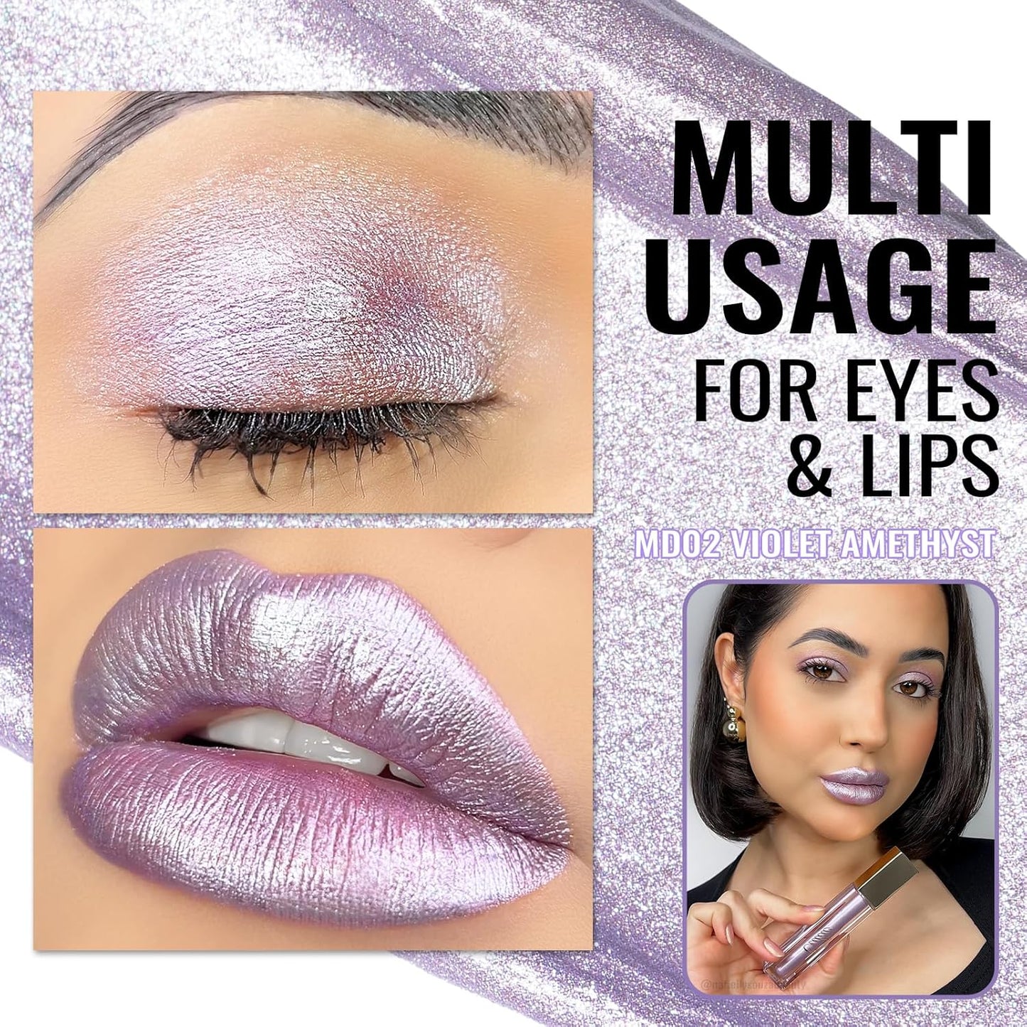 Oulac Violet Purple Lip Gloss Metallic Shine Lipstick for Women, Dual Use for Lips & Eyeshadow, Light Coverage Lip Color, Long Lasting, 3D Metallic Finish, No Transfer, Vegan, 4.5ml, MD02