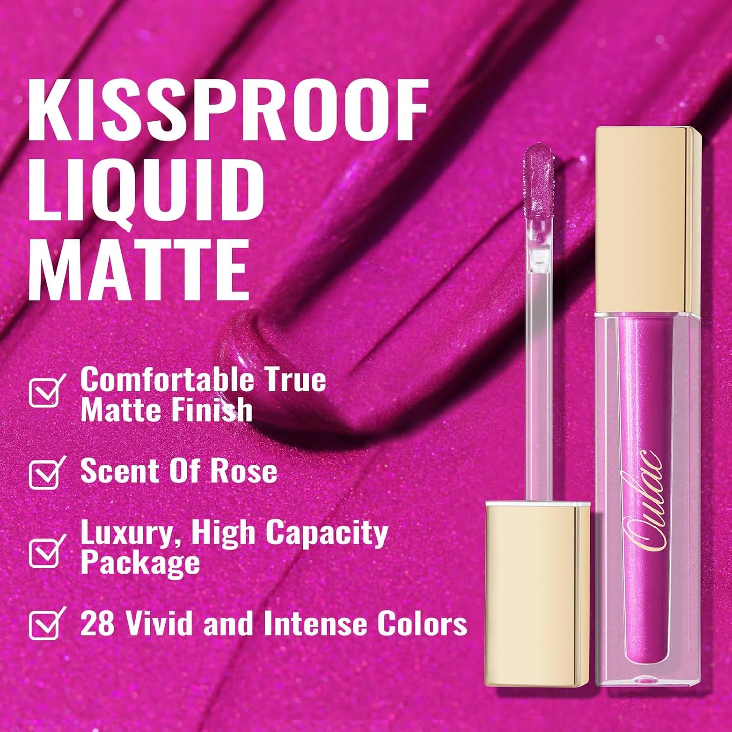 Oulac Matte Liquid Purple Lipstick for Women, Fuchsia Long lasting Lip Stain, Waterproof Highly Pigmented Creamy Formula Lipstick with Vitamin E, Vegan & Cruelty-Free, 4.5ml (MS02)