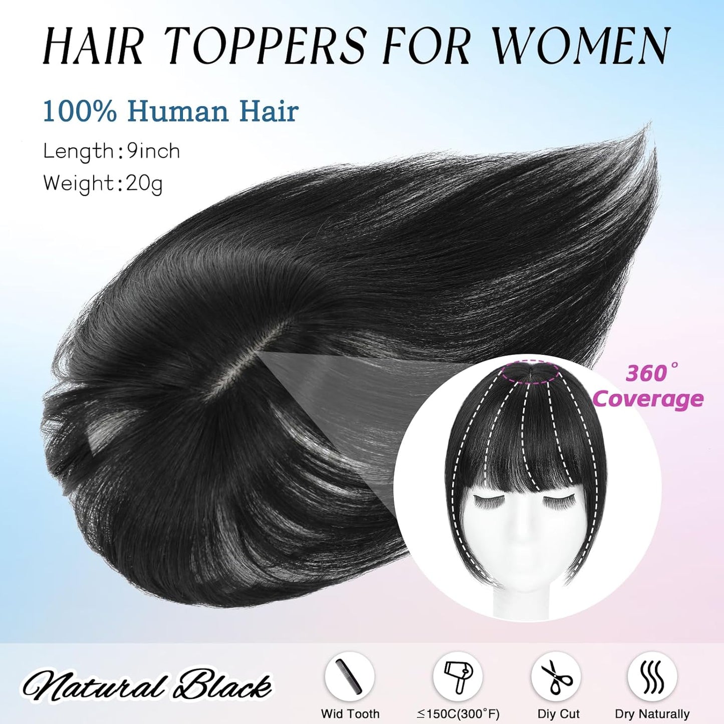 Hair Toppers for Women Real Human Hair, 360° Cover Clip in Bangs Natural Black Wispy Bangs HairPieces for Women Daily (Natural Black, 3D Bangs)