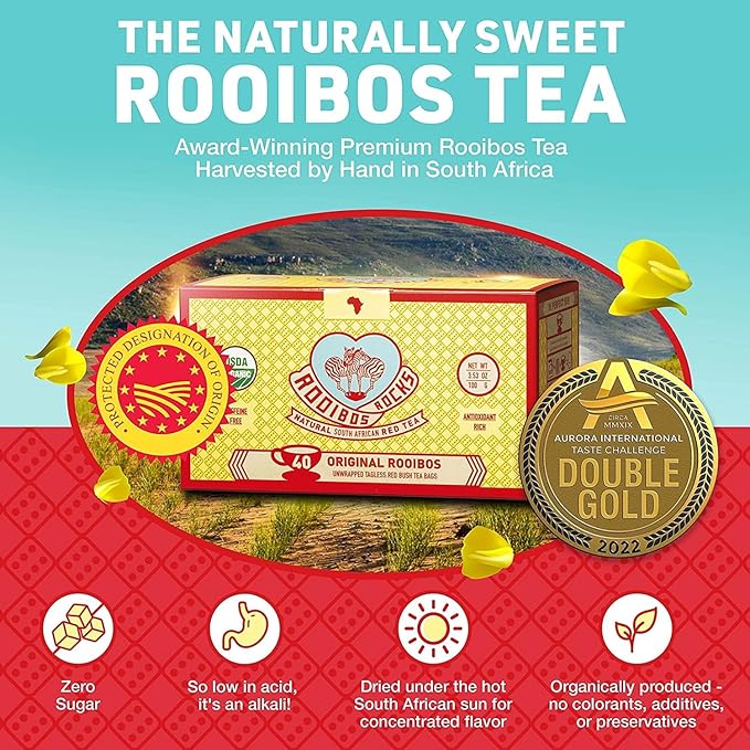 Premium Organic Rooibos Tea Bags 40 - Naturally Sweet Herbal Tea Safe for Children and Pregnant Women - Low Tannin, Caffeine Free Rooibos Tea Sustainably and Ethically Farmed in South Africa 