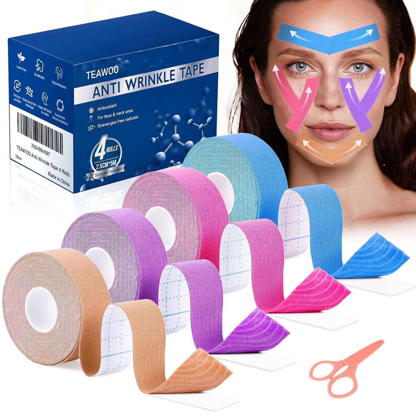 Anti Wrinkle Face Tape | Anti Aging Face Tape for Wrinkles | Facial Myofascial Lift Tape for Skin | Skin Tape for Face & Forehead | Face Tapes for Lifting Sagging Skin (4 Colors Assorted)