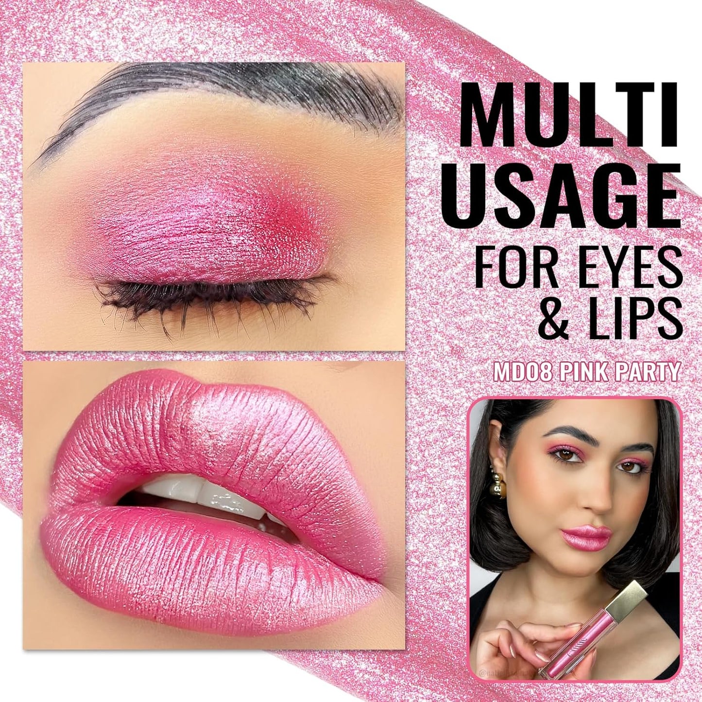 Oulac Pink Lip Gloss Metallic Shine Lipstick for Women, Dual Use for Lips & Eyeshadow, High Impact Lip Color, Long Lasting Waterproof, 3D Metallic Finish, No Transfer, Vegan MD08