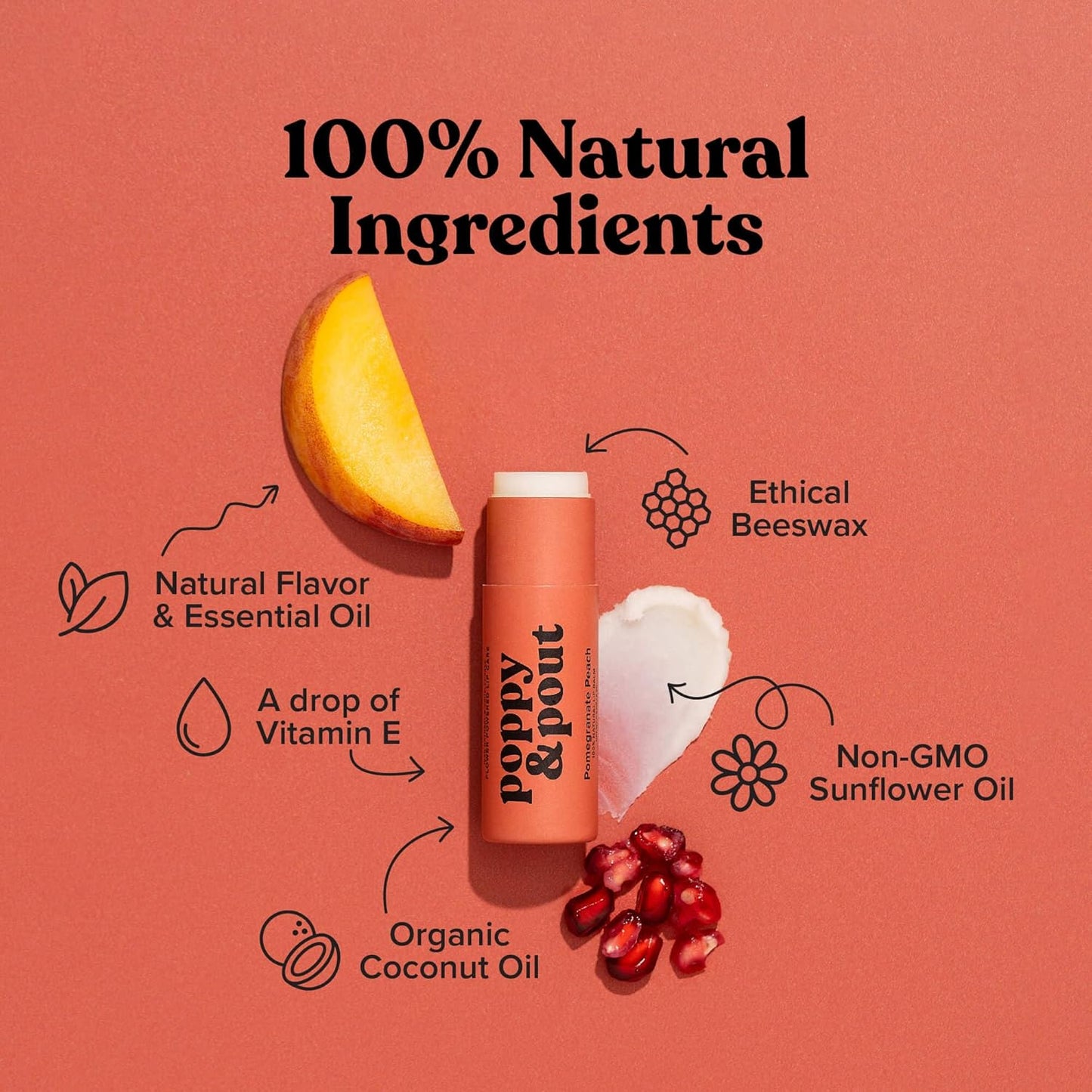 Poppy & Pout Pomegranate Peach Jumbo Lip Balm | All Natural Lip Balms & Moisturizers | Hydrates with Beeswax, Vitamin E, Organic Coconut Oil | Cruelty-Free | Lip Balm in Recyclable Cardboard Tube