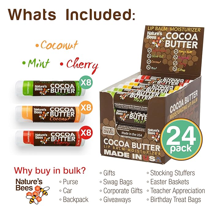 Nature's Bees Cocoa Butter Lip Balm, Lip Care for Dry Lips, Made with Coconut Oil, Beeswax, Vitamin E, Aloe, and Shea Butter, 0.15 oz Each, 3 Flavors Coconut, Cherry, and Mint, 24 Pack