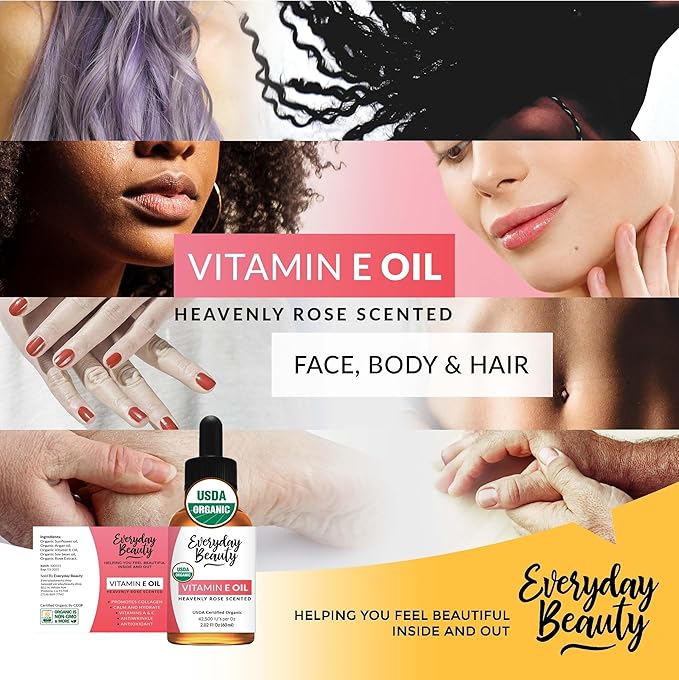 Organic Vitamin E Oil - Heavenly Rose Scented USDA Certified 100% All Natural Plant Based 2.02 Fl Oz Glass Bottle & Dropper - Lightweight & Great for Scars After Surgery - Reduce Wrinkles, Anti Aging