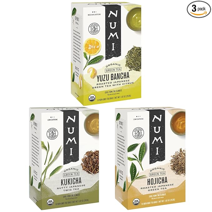 Numi Organic Roasted Japanese Green Tea Variety Pack, 16 Tea Bags (Pack of 3), Hojicha, Yuzu Bancha & Kukicha