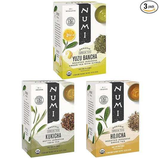 Numi Organic Roasted Japanese Green Tea Variety Pack, 16 Tea Bags (Pack of 3), Hojicha, Yuzu Bancha & Kukicha