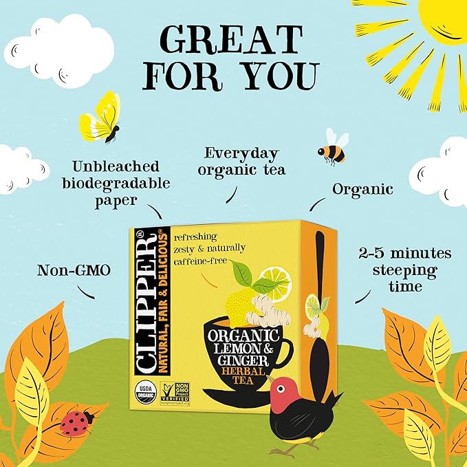 Clipper Tea Lemon & Ginger Teabags – Caffeine Free, USDA Organic, Great Hot or Iced – Aromatic, Natural, Fair & Delicious – 50 Tea Bags