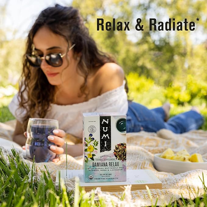 Numi Organic Damiana Relax Tea with Butterfly Pea Flower & Rose (Pack of 3), 16 Count Herbal Tea Bags
