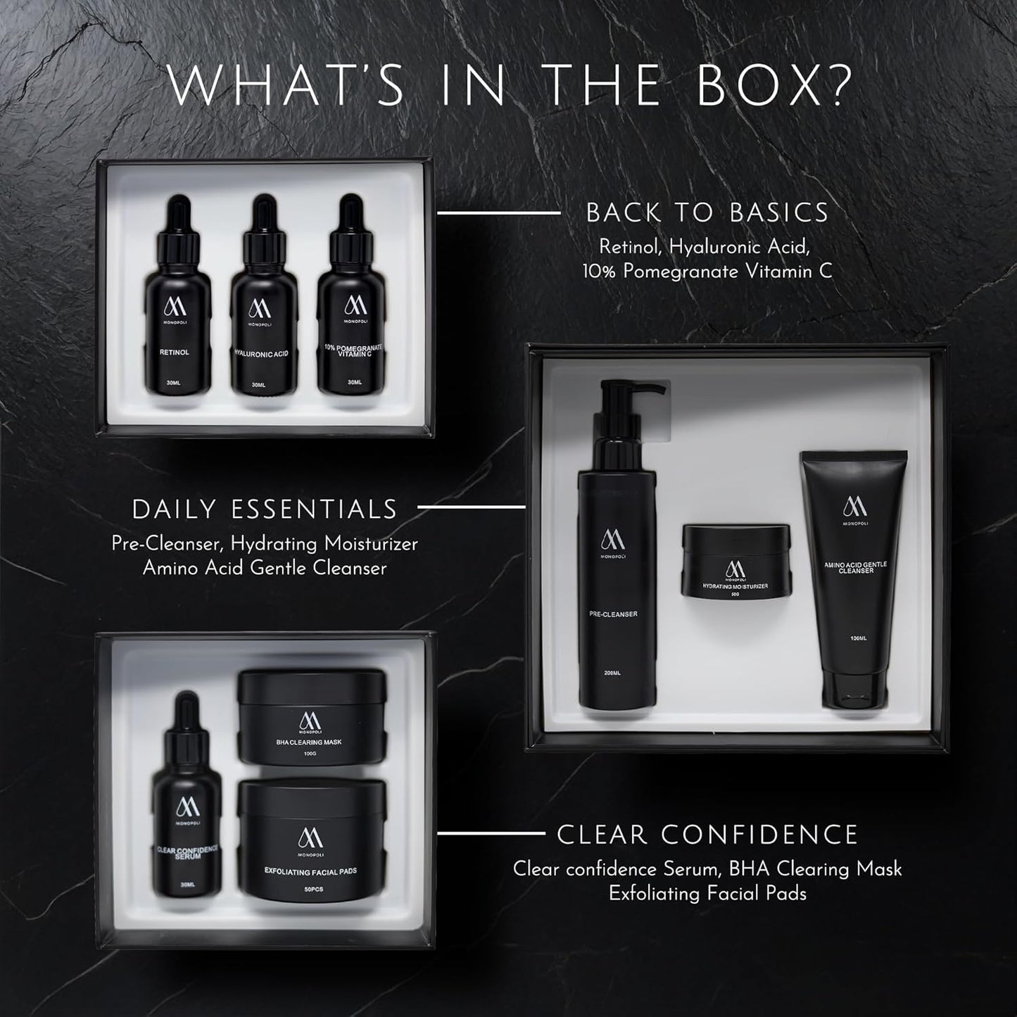 Monopoli Skin Care Set | Complete Routine: 9-Piece Face Care Set for Women & Teens for Anti-Aging, Hydration & Acne Control | Skincare Gift Set & Kits | Premium Skincare Set with Educational Resources