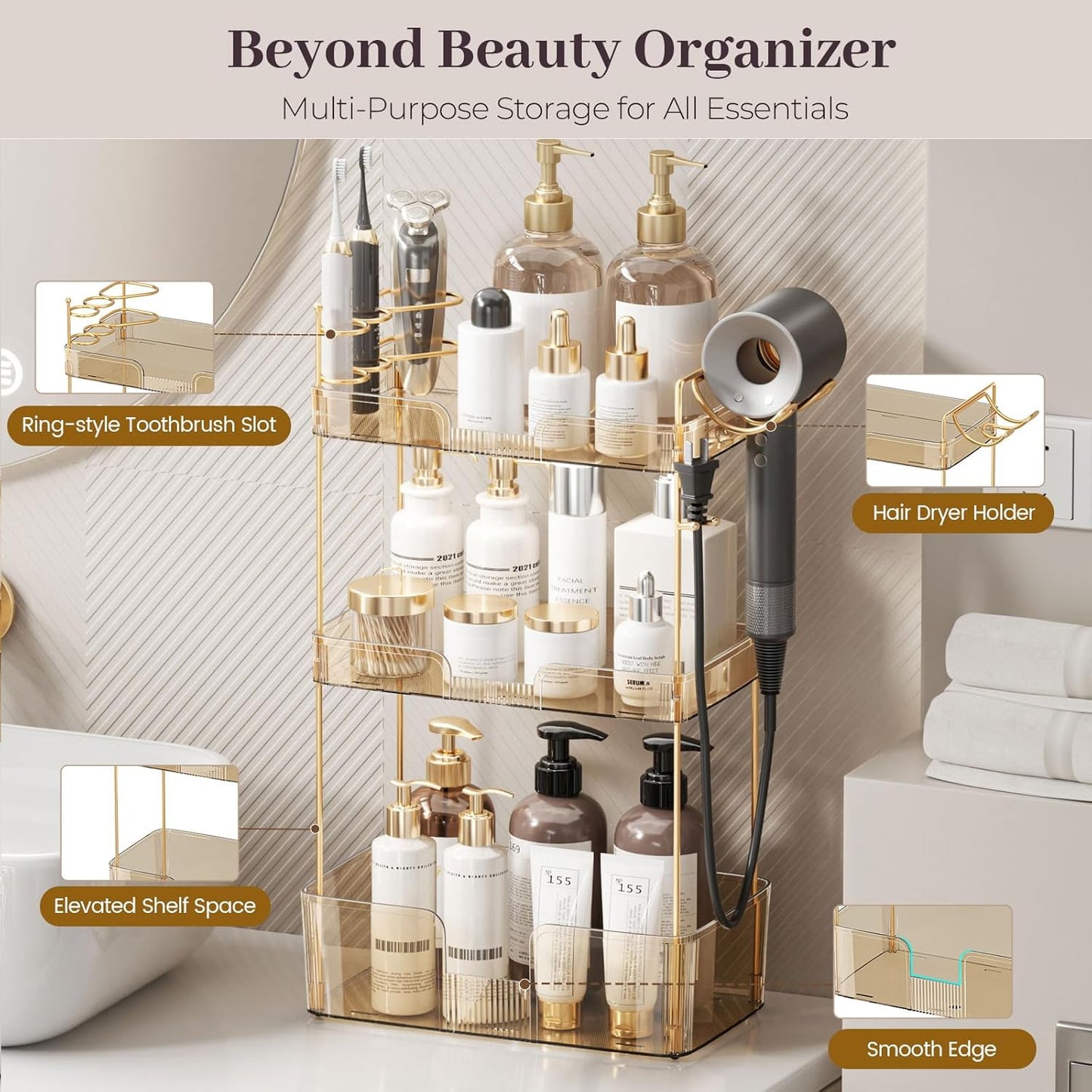 Aveniee Bathroom Counter Organizer,3 Tier Skincare Perfume Countertop Storage with Hair Dryer Rack and Toothbrush Holder, Cosmetic Makeup Tray for Vanity - Gold