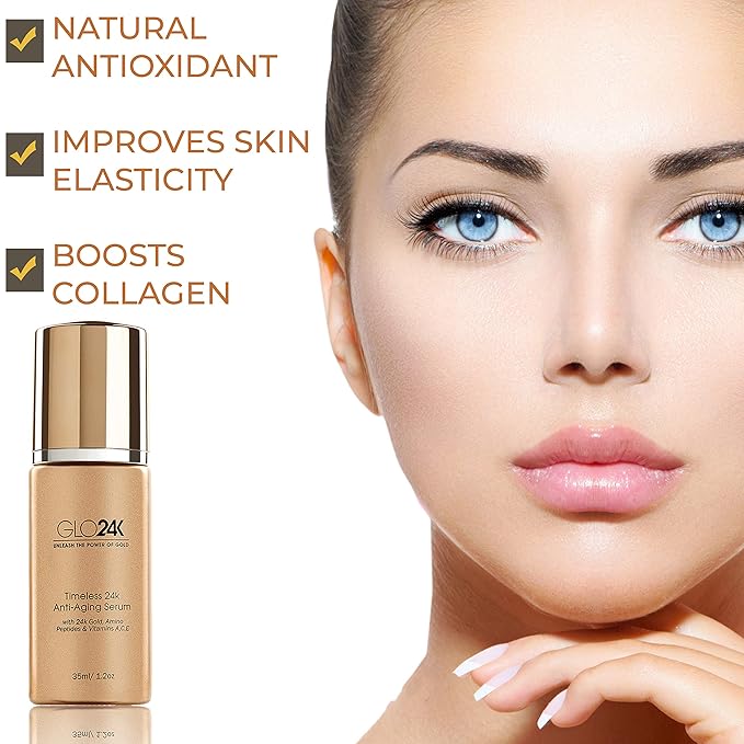 GLO24K Timeless Serum with 24k Gold, Peptides, and Vitamins A,C,E. A Powerful formula to nourish and revitalize your skin.
