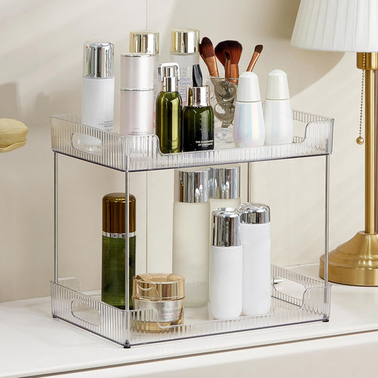 2-Tier Bathroom Counter Organizer, Multi-Purpose Cosmetics Skincare Shelf, Fits A4 Size Makeup Organizer for Office and Vanity Tray, Countertop Storage Solution for Kitchen,Bath.(Clear)