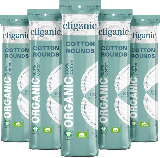 Cliganic Organic Cotton Rounds (500 Count) Makeup Remover Pads, Hypoallergenic, Lint-Free | 100% Pure Cotton (Packaging May Vary)