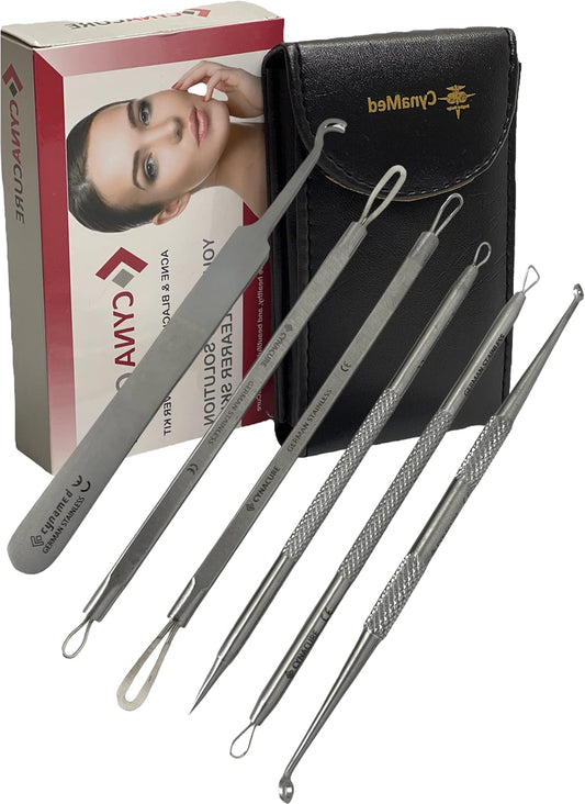 German Stainless Professional Set of 6- Blackhead Remover Comedones Extractor Acne Removal Kit for Blemish,Whitehead Popping, Zit Removing for Nose Face Tools-Blackhead Removal w/Zipper Leather case
