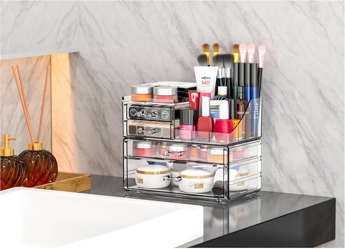 Small Make up Organizers and Storage with 4 Drawers,Clear Skincare Organizers,Cosmetic Storage for Dresser Top Organizer,Bathroom,Vanity,Countertop Makeup Organizers for Skin Care and Beauty Organizer