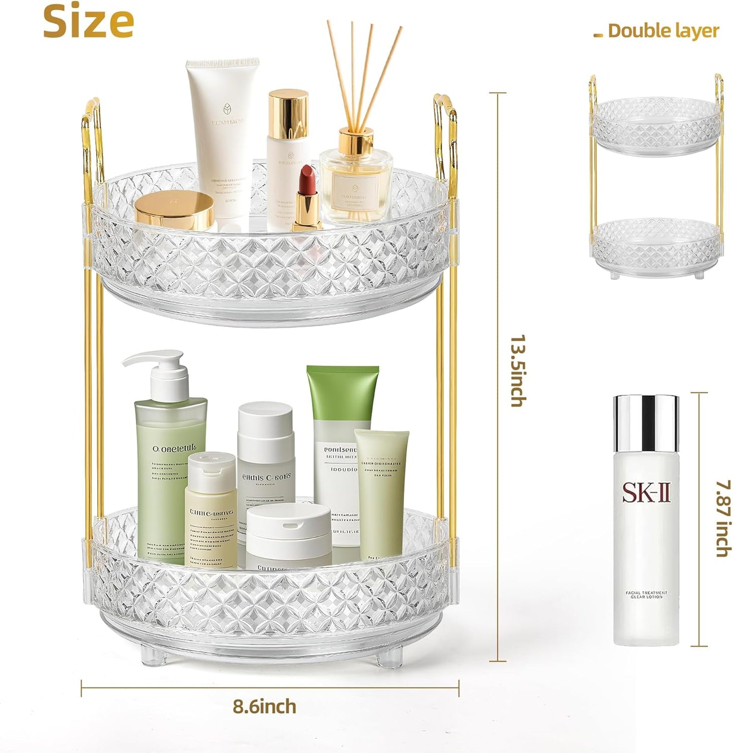 360 Rotating Makeup Organizer for Vanity, 2Tier Adjustable Perfume Organizer for Dresser, Multi-Function Spinning Cosmetics Skincare Storage for Bedroom, Dresser, Countertop, Clear