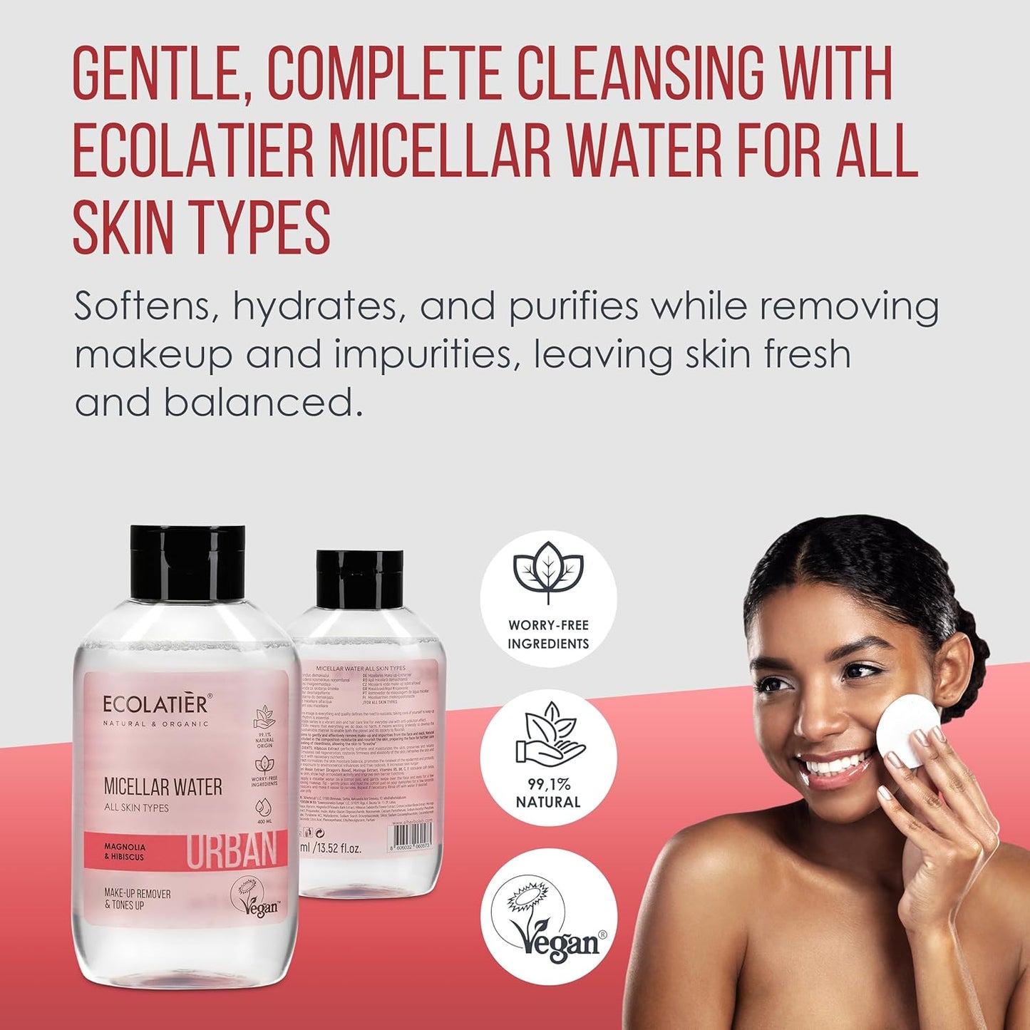 Micellar Water for Sensitive Skin with Organic Aloe Vera - 99.1% Natural Ingredients, Vegan, Hydrating Facial Cleanser & Micellar water Makeup Remover - 13.5 Fl Oz (Magnolia for All Skin Types)