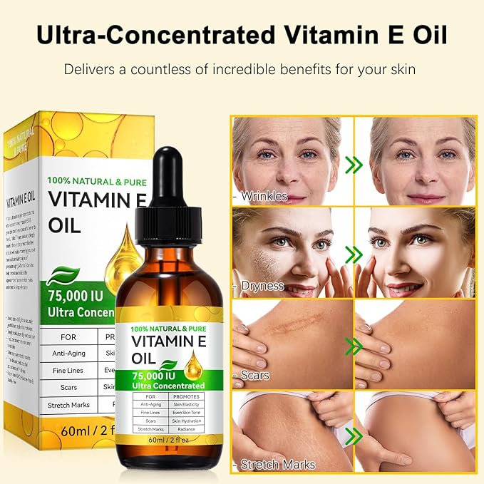 Vitamin E Oil for Scars 2.02 FL OZ- All Natural & Vegan Skin Moisturizer - Light and Unscented Great for Post Surgery Scars - Reduce Wrinkles, Anti Aging - Face, Skin & All Over