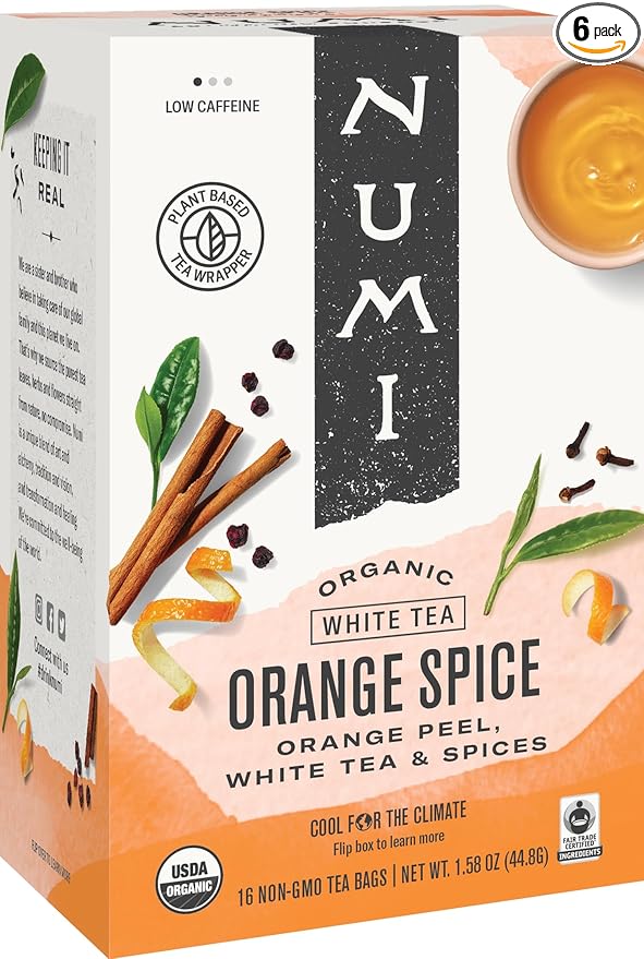Numi Organic Tea Orange Spice, 16 Count Box of Tea Bags (Pack of 6), White Tea