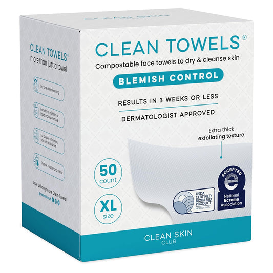 Clean Skin Club Blemish Control Clean Towels® XL, Compostable Face Towels, Light Exfoliation for Oily Skin, Eczema Association Accepted Disposable Face Towelette, Makeup Remover Dry Wipes, 50 count