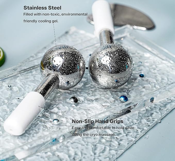 ICE Globes for Facials & Gua Sha Set, Gua Sha Facial Tools and Cryo Sticks with Unbreakable Steel, Face Massager Cooling Rollers for Dark Circles, Puffiness and Lymphatic Drainage (White)