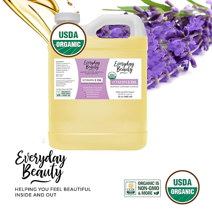 Organic Vitamin E Oil - Bulk 32 oz Heavenly Lavender Scented USDA Certified 100% All Natural Plant Based - Great for Scars After Surgery - For Face, Skin and Nails - Reduce Wrinkles, Anti Aging