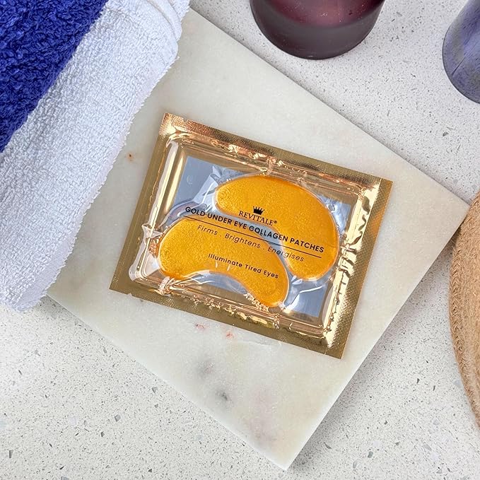 24k Gold Under Eye Collagen Patches, Reduce Puffy Eyes & Dark Circles, Illuminate Tired Eye Masks - Firms, Brightens, Energises (Packets - 10 Pair)