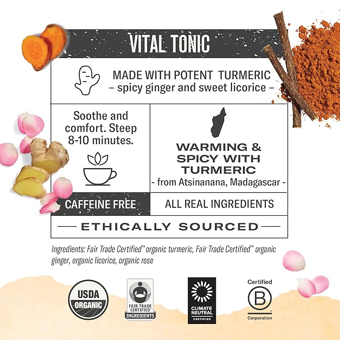 Numi Organic Three Roots Turmeric Tea, 12 Tea Bags (Pack of 3) With Ginger, Licorice, Rose, Caffeine Free, Packaging May Vary