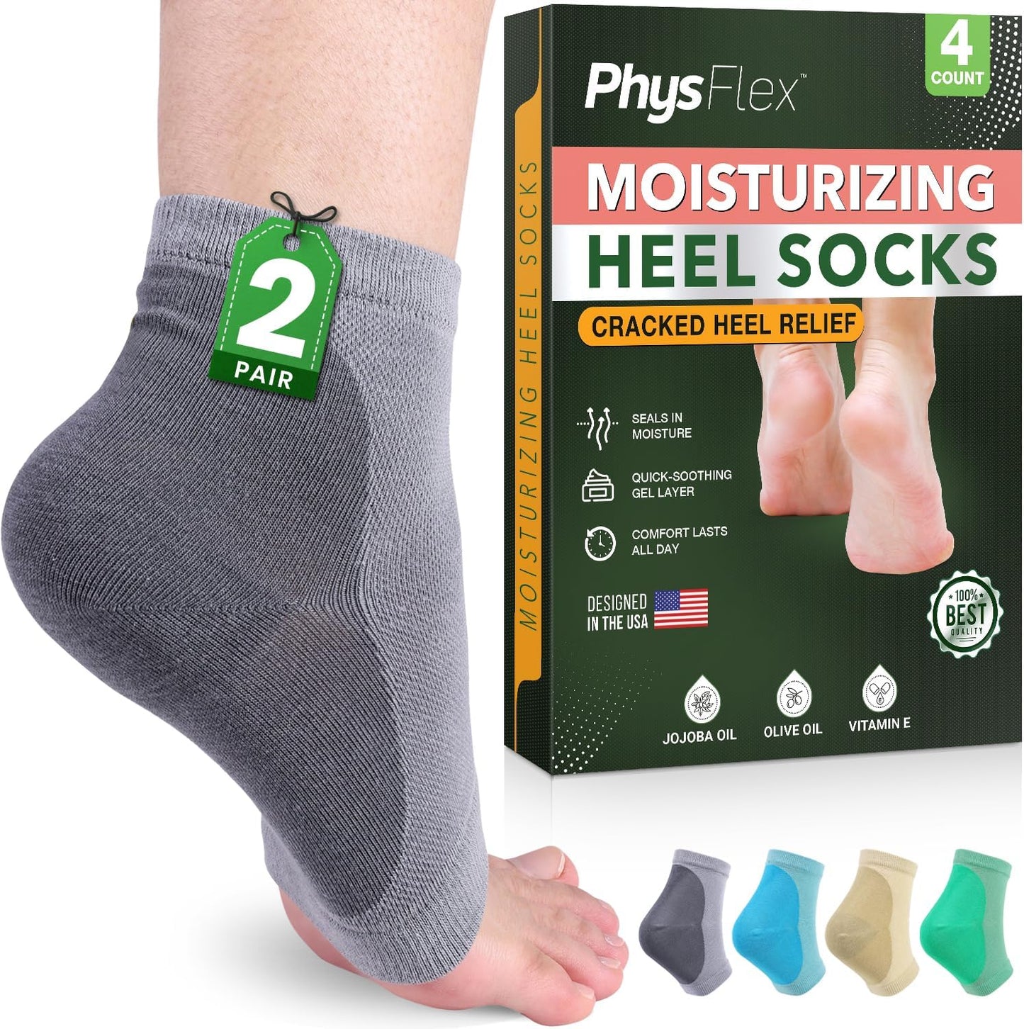 4-Pack Moisturizing Heel Socks for Cracked Heels - Gel Socks for Dry Cracked Feet Repair - Silicone Socks for Women and Men Foot Treatment & Overnight Hydration (Gray)