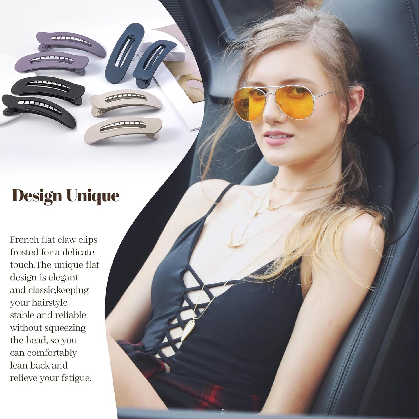 8 Pcs Large Lay Flat Claw Clips for Women French Side Slide Barrettes for Thin Fine Hair Rectangle Alligator Hair Accessories,Matte Khaki Purple Blue Black