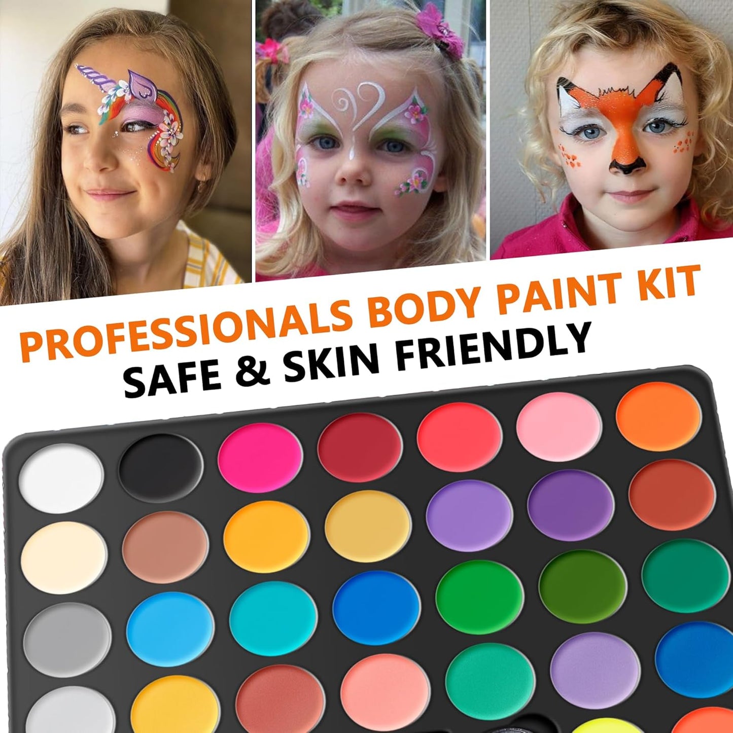 Maydear Face Painting Kit for Kids, 32 Colors Water Based Makeup Palette with Stencils, Glitters, Rainbow Split Cake, Hair Dye Clips, for Parties, Halloween, Safe Professional Face Body Paint Kit