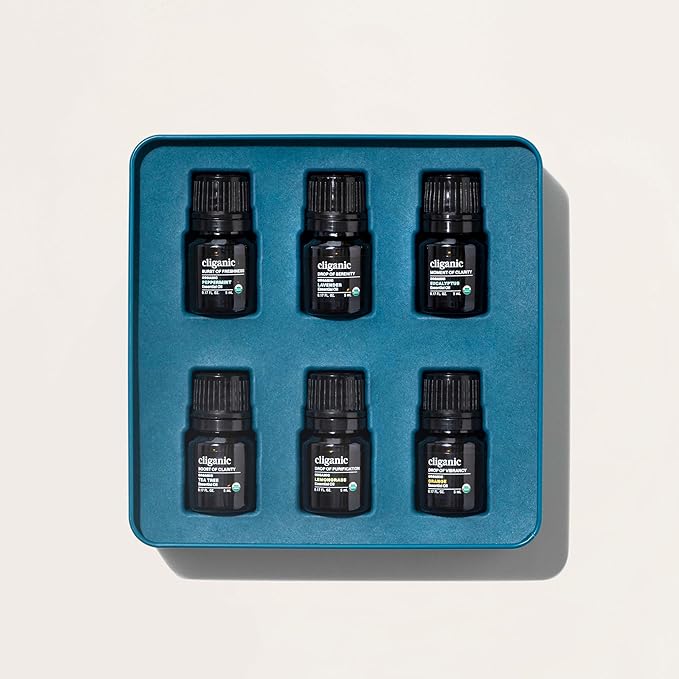 Cliganic Organic Aromatherapy Essential Oils Set (Top 6 - The Essentials), 100% Pure Natural - Peppermint, Lavender, Eucalyptus, Tea Tree, Lemongrass & Orange (Packaging May Vary)