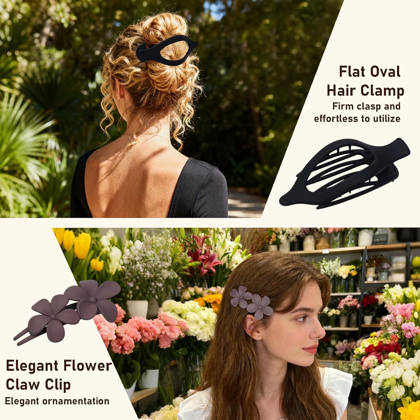 8 Pack Flat Hair Clips for Women – Matte Neutral Claw Clips & Flower Hair Pins Barrettes Set in Black, Blonde,Light Brown & Dark Brown for Thick & Thin Hair