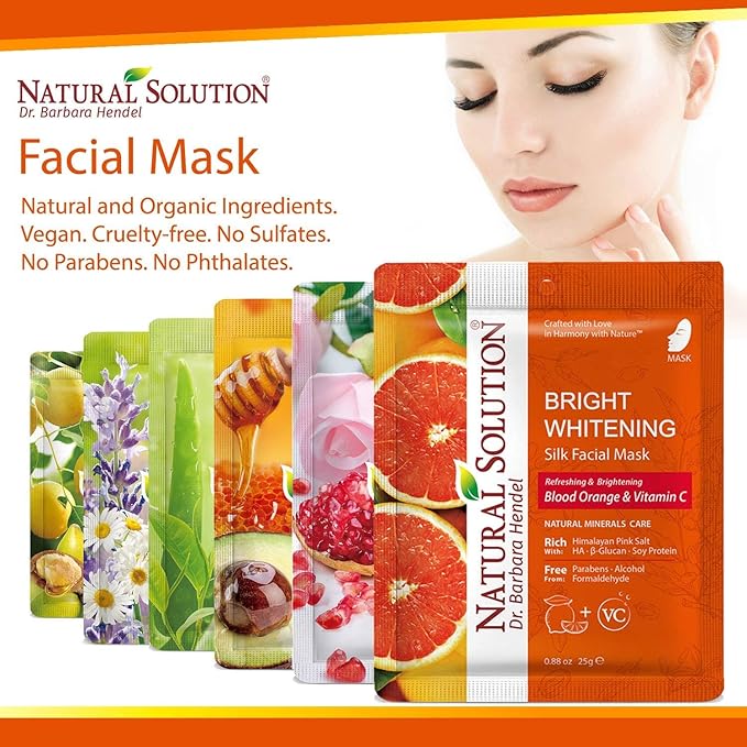 Natural Solution Sheet Mask, Enriched with Blood Orange & Vitamin C, White Brightening and Hydrating, Deep Pore Cleansing, Facial Skin Care - Pack of 20
