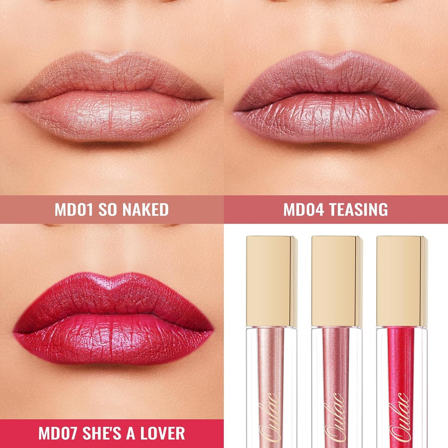 Oulac Metallic Shine Liquid Lipstick Set for Women, Dual Use for Lips & Eyeshadow, Long Lasting Lip Gloss, Metallic Matte High Impact Lip Color No Transfer Vegan Formula, 4.5ml, MD01+04+07