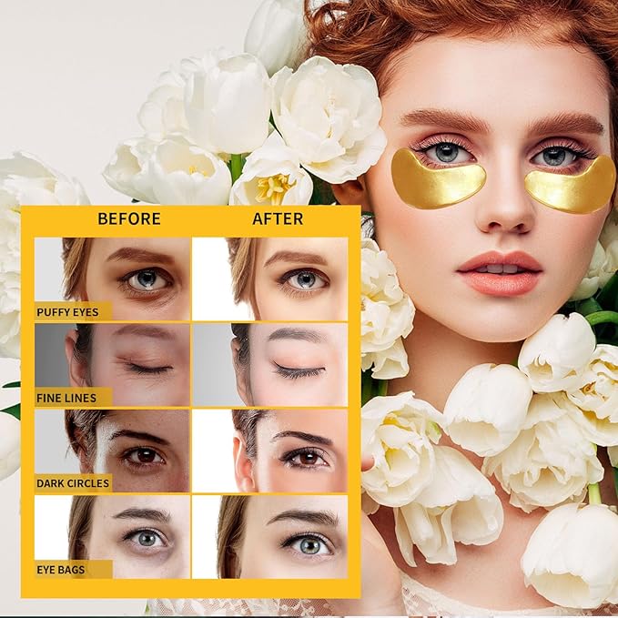 Under Eye Patches for Puffy Eyes Treatment 30 Pairs, 24K Gold Under Eye Masks for Dark Circles and Puffiness, Eye Gel Pads w/Collagen, Sodium Hyaluronate, Rose Essence for Eye Bags Treatment