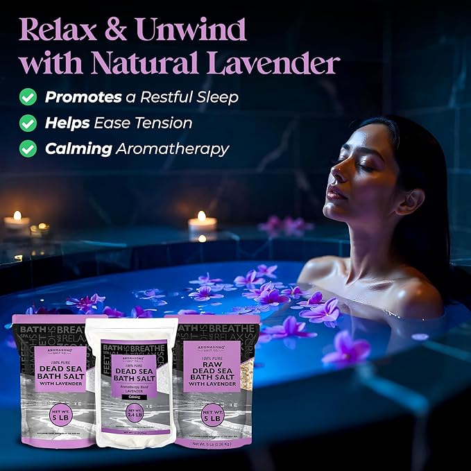 Aromasong Pure Dead Sea Salt for Soaking with 100% Natural Lavender, 19 LB - Spa Bath Salt Fine Grain - Body Wash Scrub - Soak for Women & Men- Bulk Resealable Pack (Packaging May Vary)