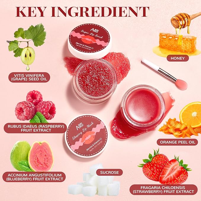 Lip Scrub & Lip Mask Set, Lip Sleeping Mask, Overnight Treatment Lip Care Products, Holiday Gift Set for Girls, Moisturize & Nourish, Dry Cracked Lips, Intense Hydration with Vitamin C