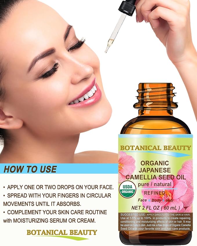 Botanical Beauty Japanese ORGANIC CAMELLIA Seed Oil. 100% Pure Natural Undiluted Refined Cold Pressed Carrier Oil to revitalize and rejuvenate the hair, skin and nails. 1 Fl. oz 30 ml