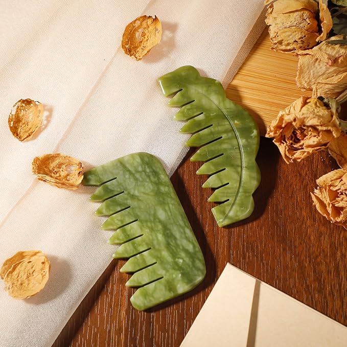 Geiserailie 2 Pieces Jade Combs Massage Stone Hair Gua Sha Scraping Scalp Comb Facial Massage Tool Multifunctional Handheld Head Tools Head Caring Therapy Mother's Day Gift(Stylish Style)