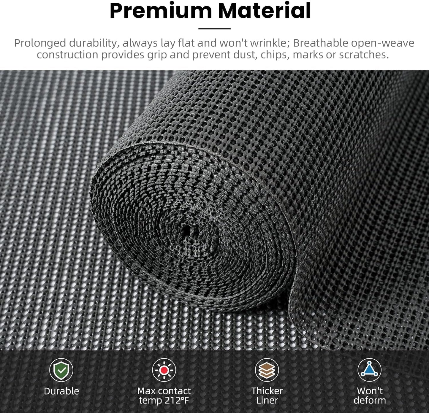 BAGAIL Drawer and Shelf Liner, 12 in X 10 Ft Non-Adhesive Shelf Liners for Kitchen Cabinets, Thick Strong Grip Liners for Desk, Shelves, Bathroom Drawers, Cabinet Protection - Charcoal