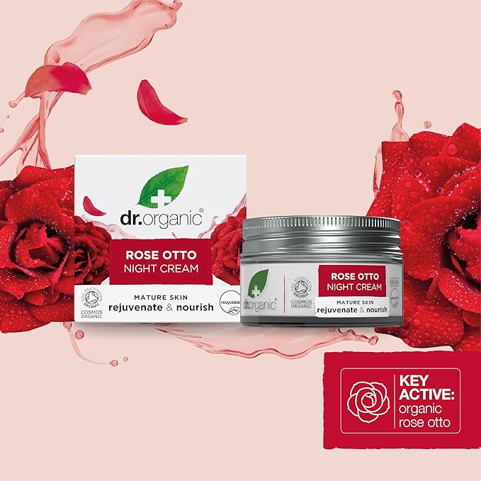 Dr. Organic Rose Otto Night Cream | Rejuvinating for Mature Skin, Aids in Healthy Aging, Promotes Youthful & Toned Skin, Natural, Certified Organic, Vegan, 50 mL / 1.7 fl oz